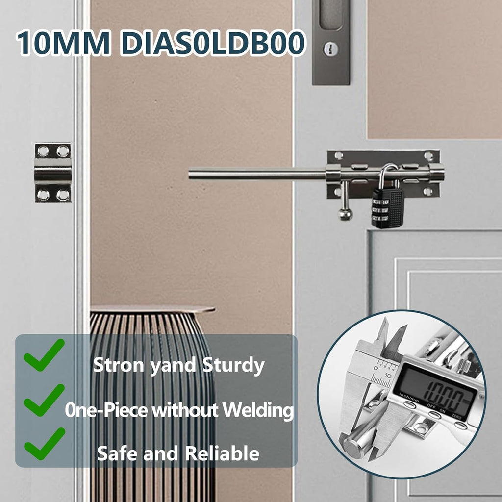Sliding Bolt Door Latch, 201 Stainless Steel Barrel Bolt Lock, 30mm Combo Padlock Included, Heavy Duty Slide Gate Latch with 12 Screws, Silver Finish