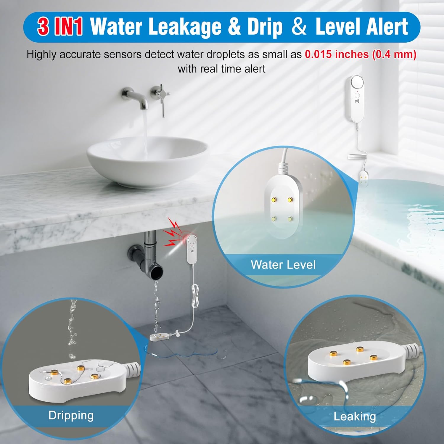Daytech 3in1 Water Alarm for Basements with 6.5ft Detection Cable Water Sensor for Bathroom Water Leak Detectors for Home RV Kitchen Sump Pump Alarm for Water Heater Washing Machine Sink (3 Pack)