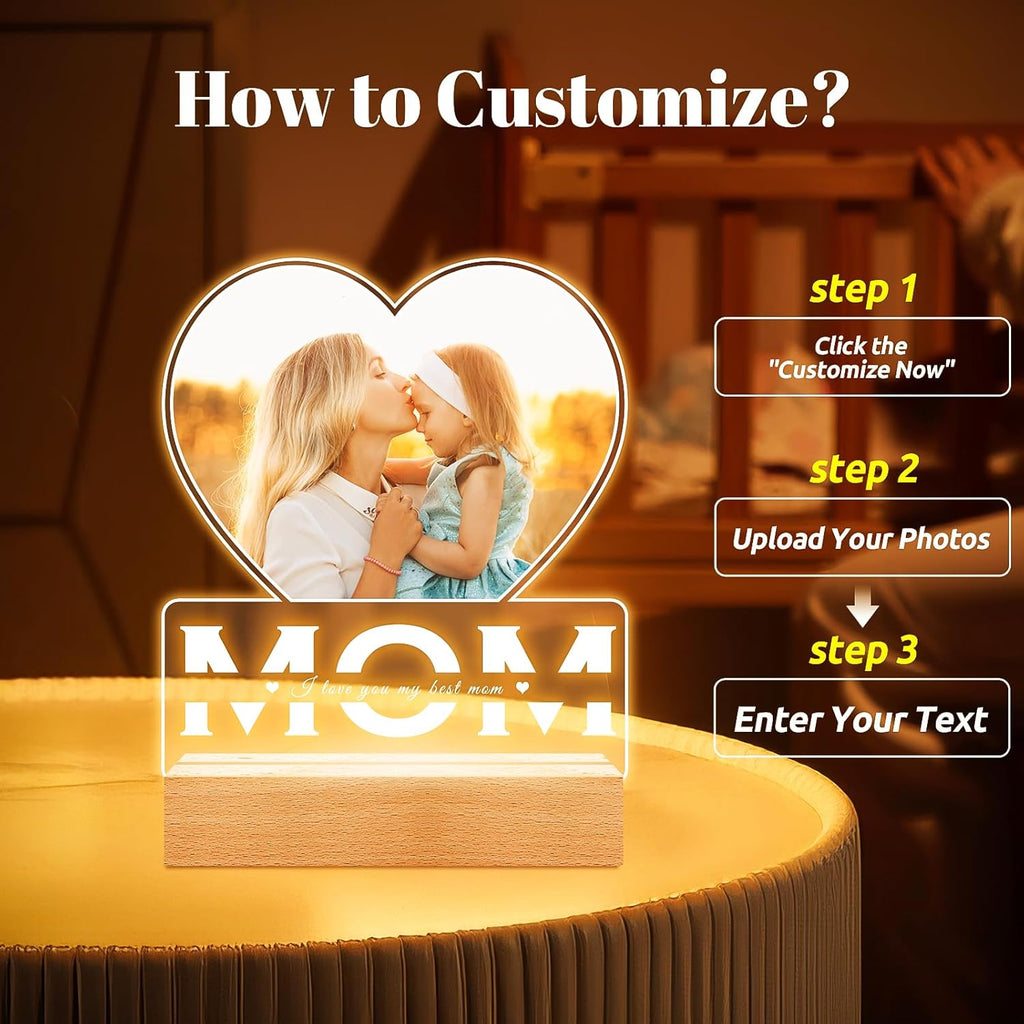 Personalized Gifts for Mom from Daughter and Son, Custom Picture Frames with Photo, Custom Photo Frame with Night Light, Customized Picture Frame, Personalized Birthday Gifts for Mom
