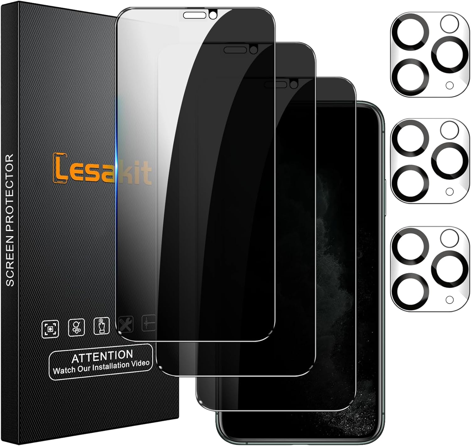 3+3 Pack Privacy Screen Protector for iPhone 11 Pro Max 6.5-Inch with 3 Pack Camera Lens Protector, Anti Spy Tempered Glass Film 9H Hardness Bubble Free Case Friendly