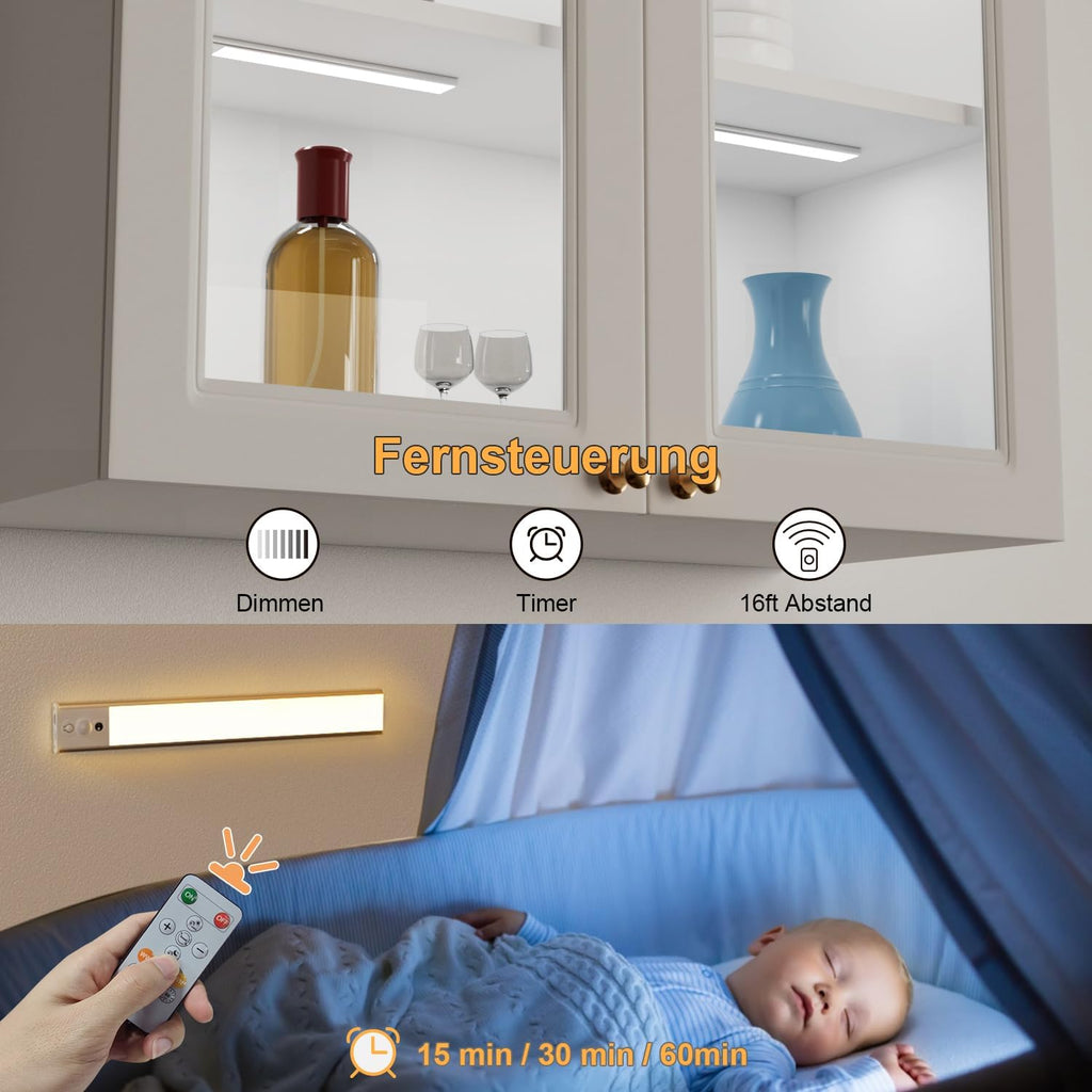 2 Pack 30CM Under Cabinet Lights [with Remote], 120 LEDs Motion Sensor Light, 3 Color Temps Dimmable & Timable, Rechargeable Closet Lights for Cabinet, Closet, Kitchen, Hallway, Stairs