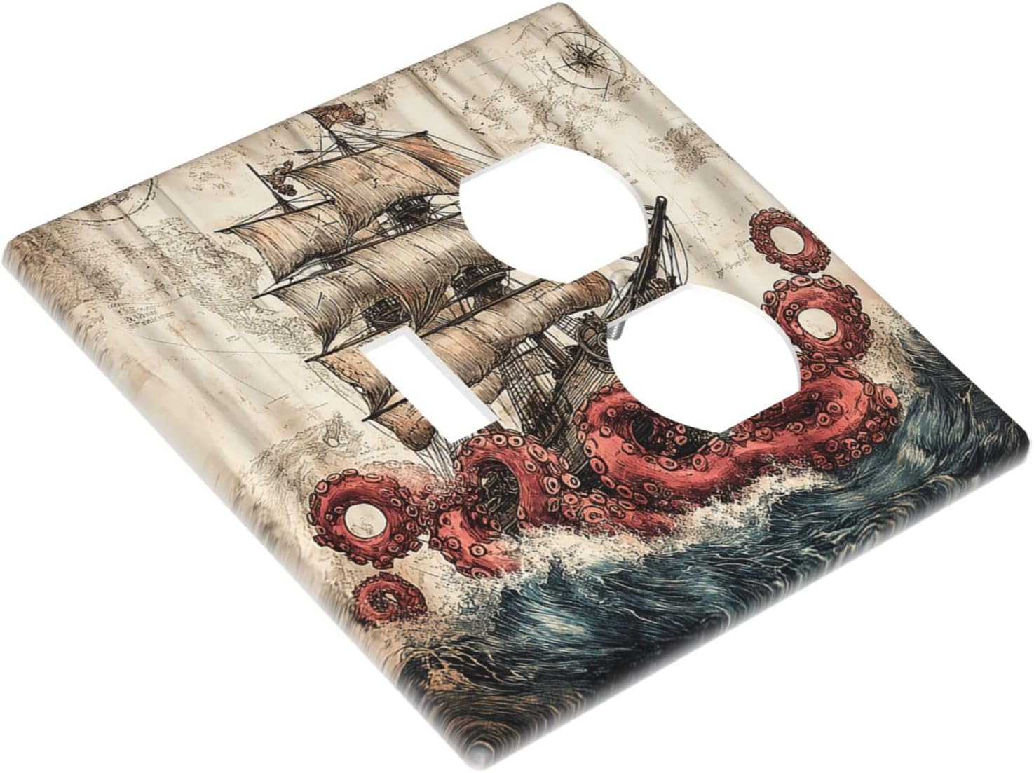 Wallplates Vintage Octopus Ocean Sailboat Bizarre Adventure 1 Toggle 1 Duplex Switch Plate Electrical GFCI Faceplate Decorative Light Switch Covers for Bathroom Kids room Decor