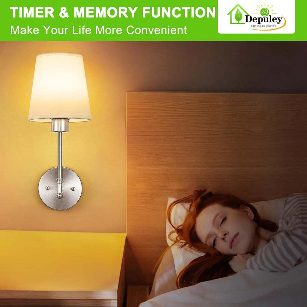 Depuley Battery Operated Wall Sconce: Set of 2 Wireless Wall Lights with Remote for Bedroom - Rechargeable 15 Colors Brushed Nickel Wall Lamp for Living Room Hallway Decor