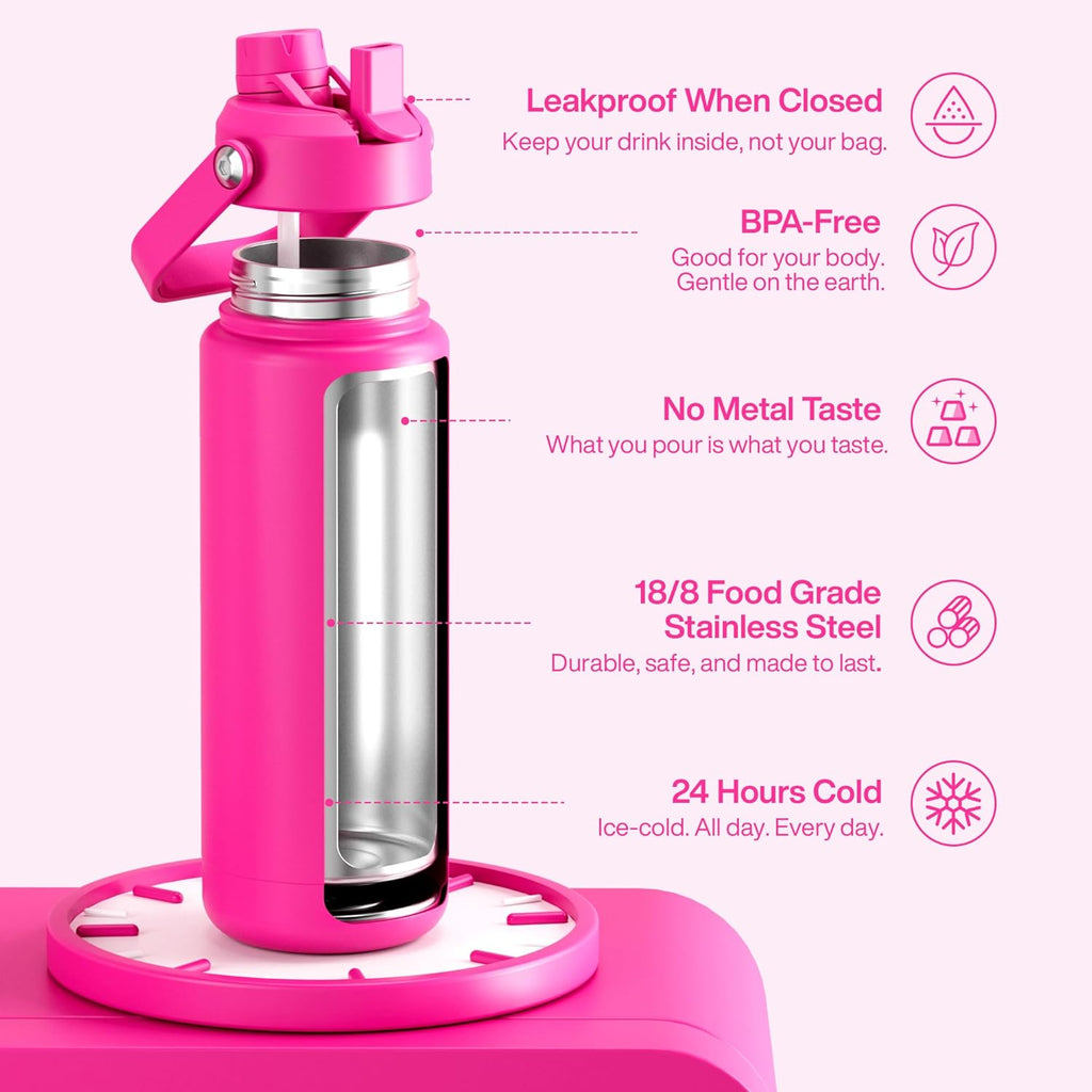 ENCOOL Insulated Water Bottle with Straw Stainless Steel Water Bottle, Leak-Proof, BPA-Free, Double Wall Vacuum Keeps Cold for 24 Hours for Sports, Travel, School (32 oz, Persian Rose)