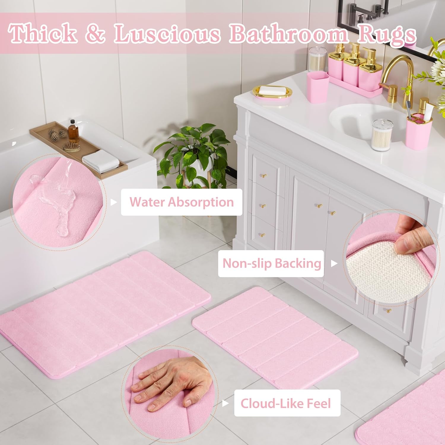 Bathroom Sets with Shower Curtain and Rugs, 27PC Bathroom Accessory Set, Pink Bathroom Set, Pink Bathroom Accessories Set with Trash Can, Toilet Brush and Soap Dispensers