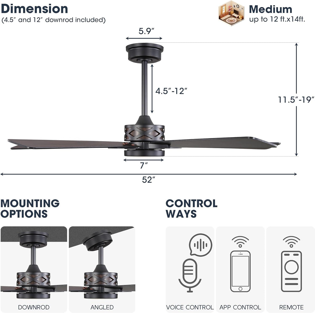 WINGBO 52" Smart Ceiling Fan with Lights, Black/Walnut Blades, 6 Speeds Reversible DC Motor, Works with Alexa and Google Assistant, 3CCT Dimmable LED Ceiling Fan for Bedroom Living Room, Black Finish