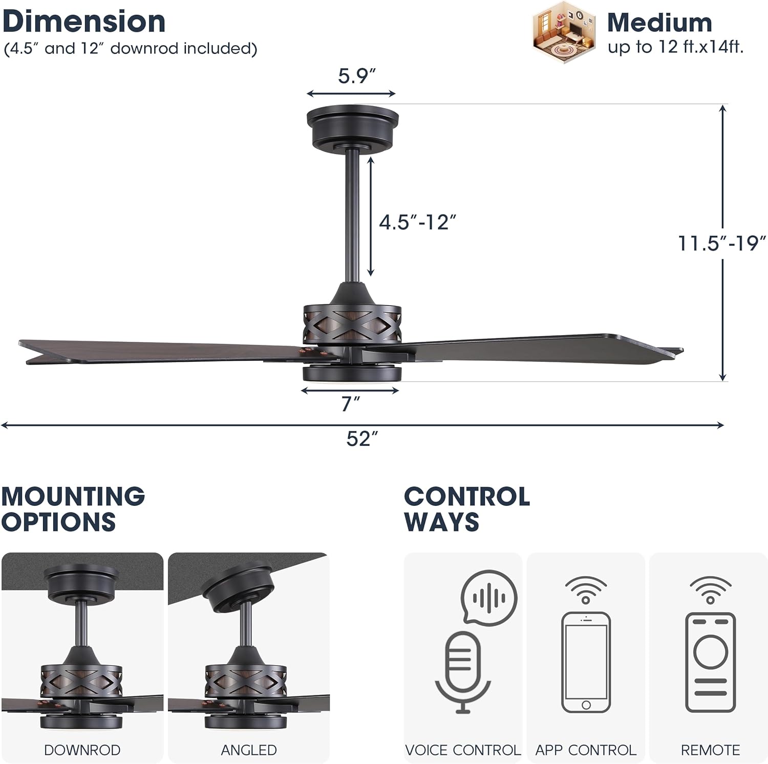 WINGBO 52" Smart Ceiling Fan with Lights, Black/Walnut Blades, 6 Speeds Reversible DC Motor, Works with Alexa and Google Assistant, 3CCT Dimmable LED Ceiling Fan for Bedroom Living Room, Black Finish