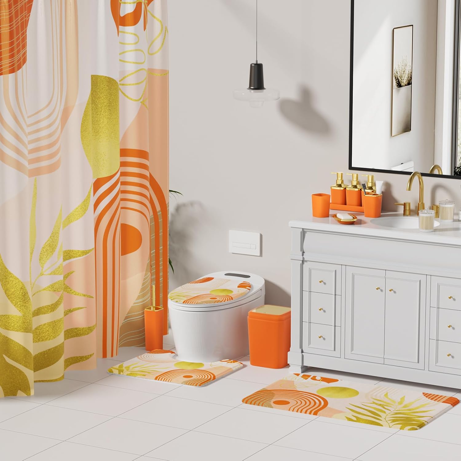 Bathroom Set - Bathroom Sets with Shower Curtain and Rugs, Bathroom Accessory Set, Orange Bathroom Accessories Set with Trash Can, Toilet Brush and Soap Dispensers