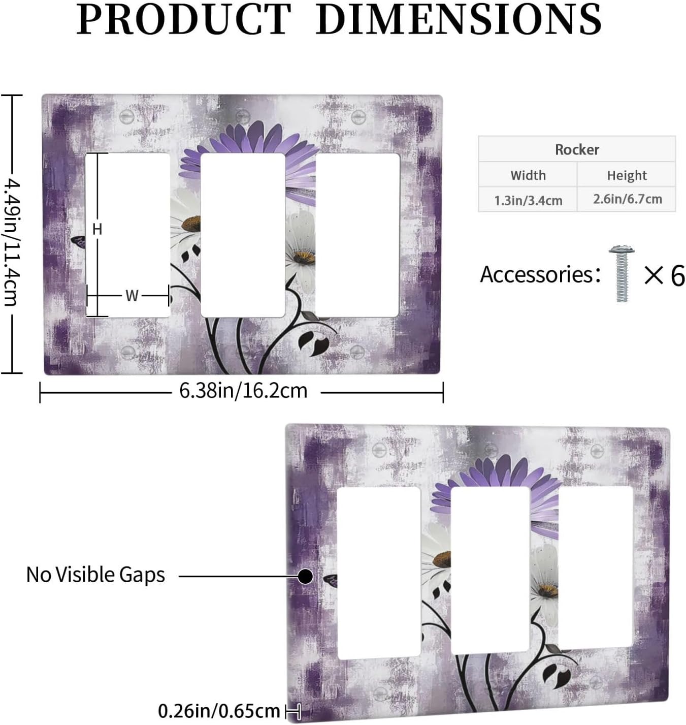 Purple Daisy White Floral Butterfly Flowers Triple Rocker Light Switch Covers 3 Gang Outlet Cover Wall Plates Decorative Switch Plates Electrical GFCI Faceplate Switchplate for Home 4.49 X 6.38 IN