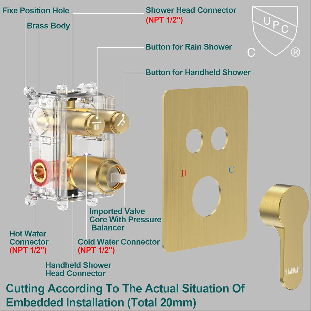 Brushed Gold Shower System, STARBATH 12 inch Rainfall Shower Head with Handheld Combo Set, Push Button Diverter 2 Functions Simultaneous Use, Bathroom Shower Faucet Set Rough in Valve Body and Trim