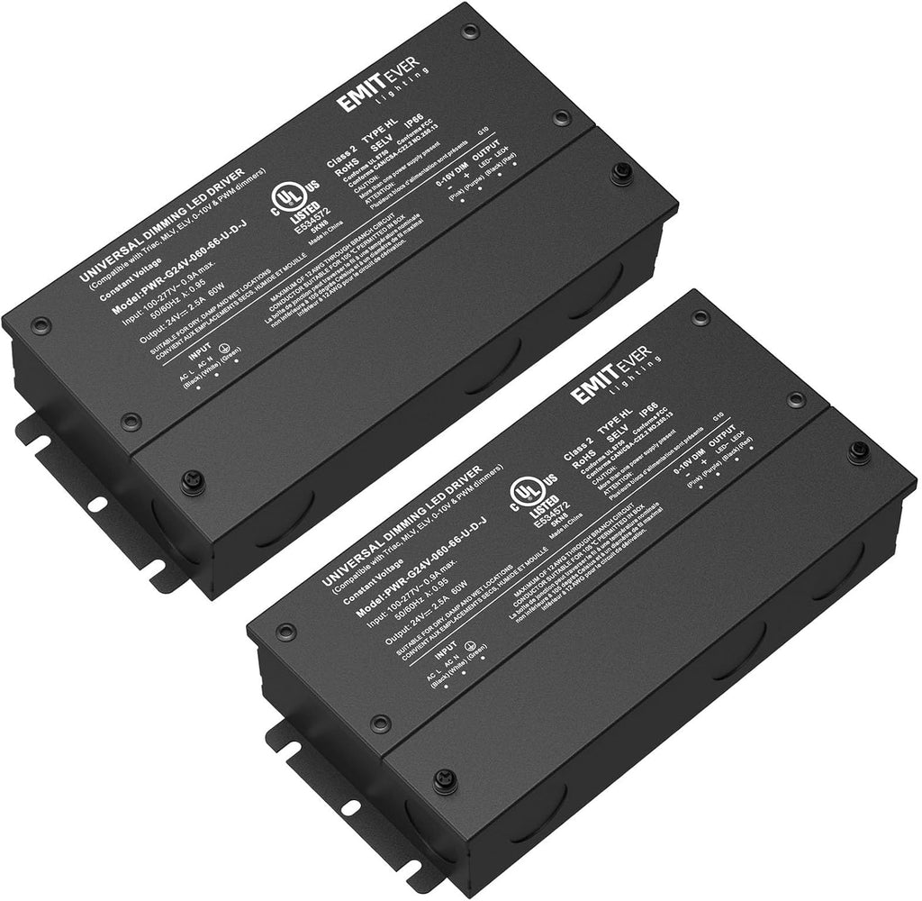 EMITEVER Dimmable Led Driver, 2 Packs 60W AC 110V-277V to DC 24V Transformer, 5-in-1 Dimming: ELV/MLV/TRIAC / 0-10V / 1-10V / 10V PWM/Potentiometer, Waterproof IP67 and UL Listed,Class 2