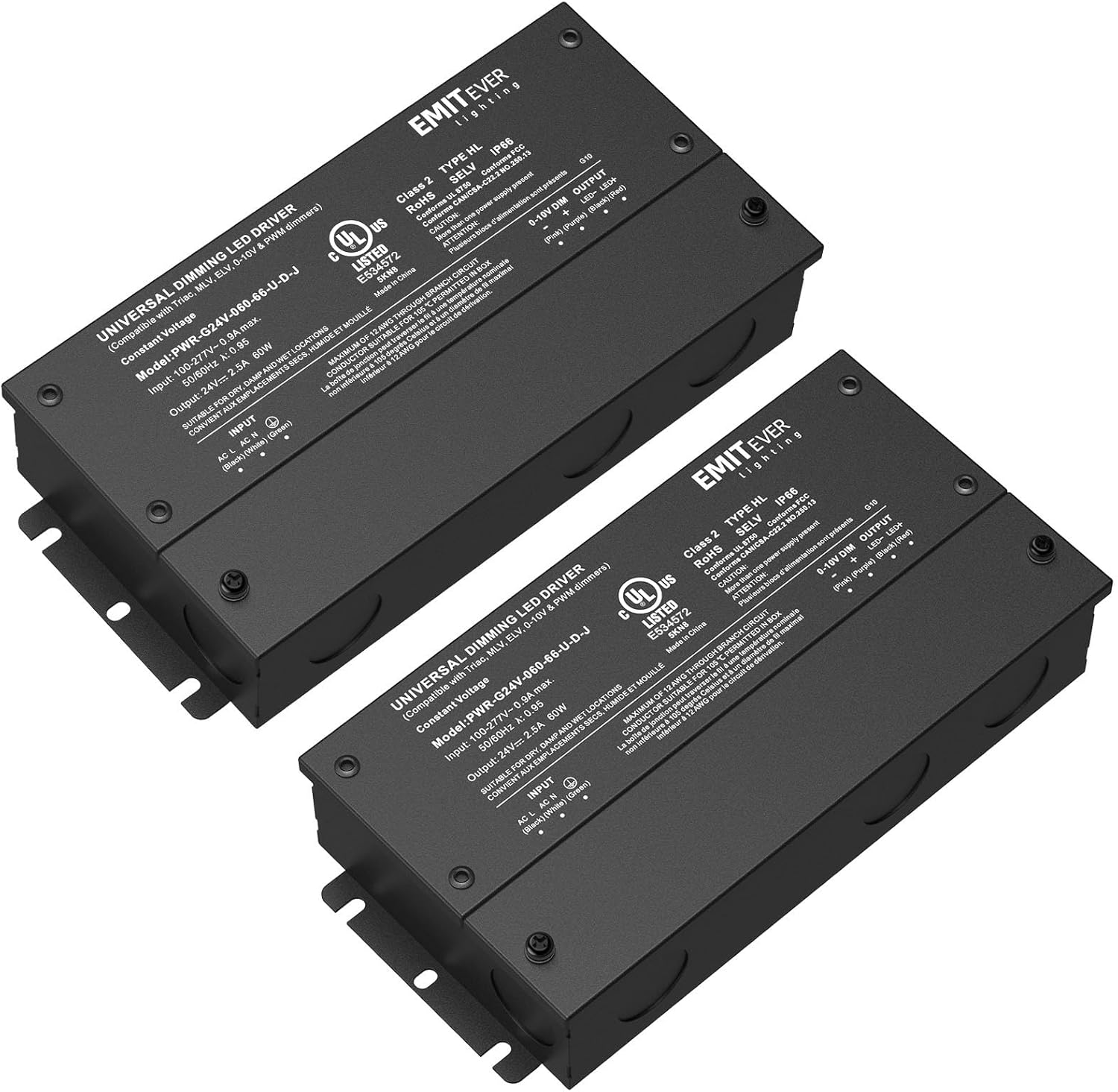 EMITEVER Dimmable Led Driver, 2 Packs 60W AC 110V-277V to DC 24V Transformer, 5-in-1 Dimming: ELV/MLV/TRIAC / 0-10V / 1-10V / 10V PWM/Potentiometer, Waterproof IP67 and UL Listed,Class 2