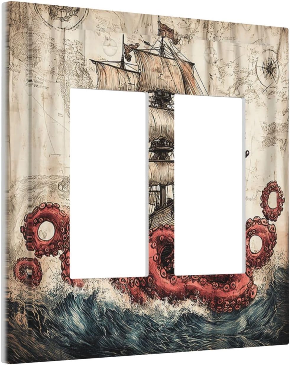Decorative Outlet Covers Vintage Octopus Ocean Sailboat Bizarre Adventure 2 Gang Double GFCI Rocker Electrical Wall Panels Light Switch Cover Plate for Bathroom Kids room Decor