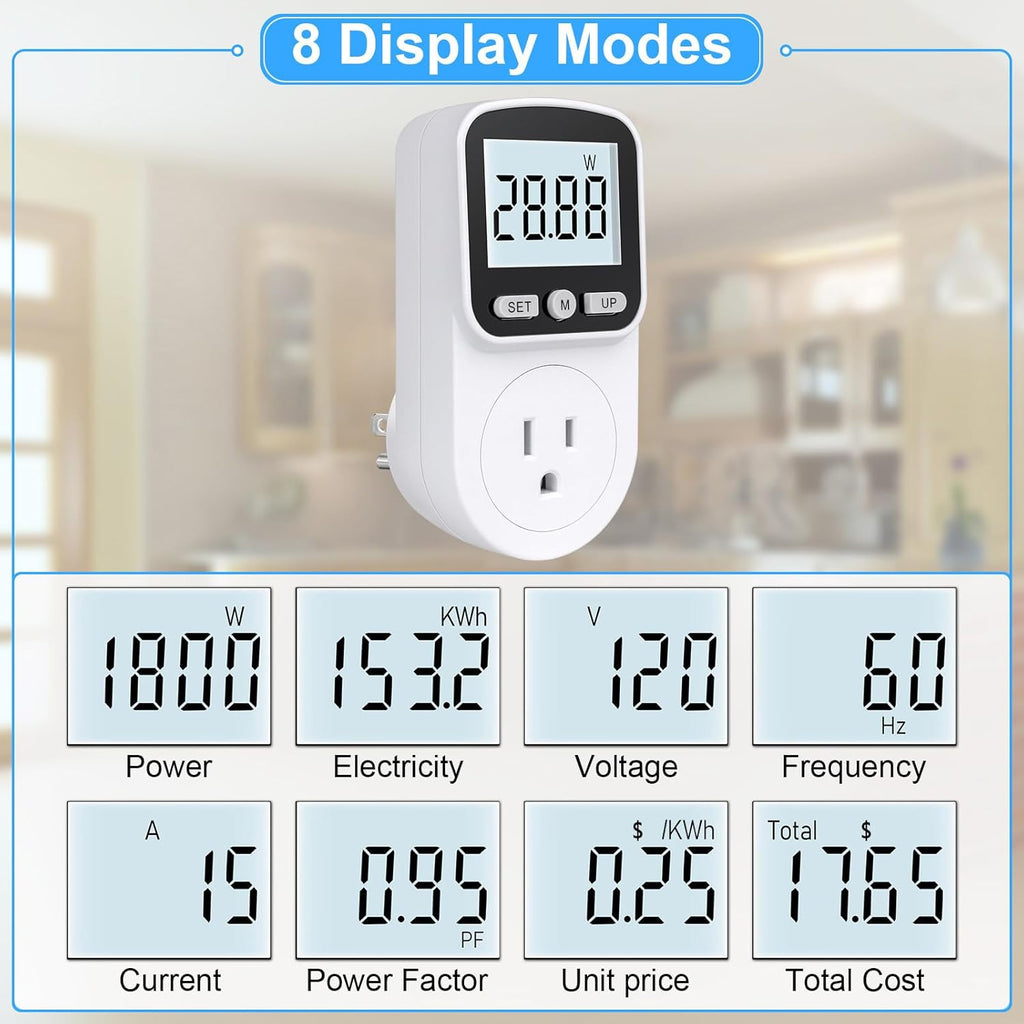 Upgraded Watt Meter Power Meter Plug Home Energy Monitor Electricity Usage Monitor, Electrical Usage Monitor, Energy Voltage Amps Meter Tester with Backlight, Overload Protection, 8 Display Modes