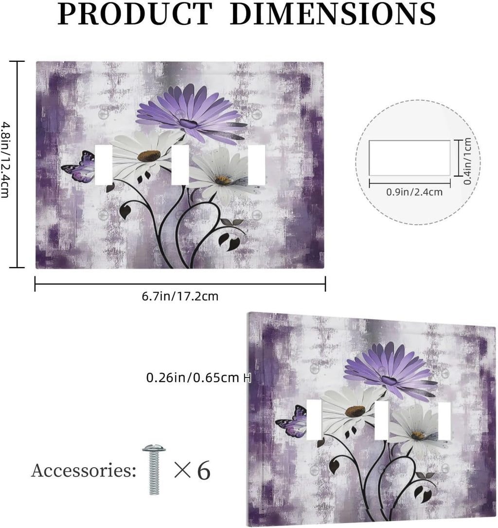 Light Switch Covers Purple Daisy White Floral Butterfly Flowers 3 Gang Wall Plates Triple Toggle Outlet Cover Decorative Switchplates Electrical Panel Cover for Kitchen Living Room 4.8 X 6.7 IN