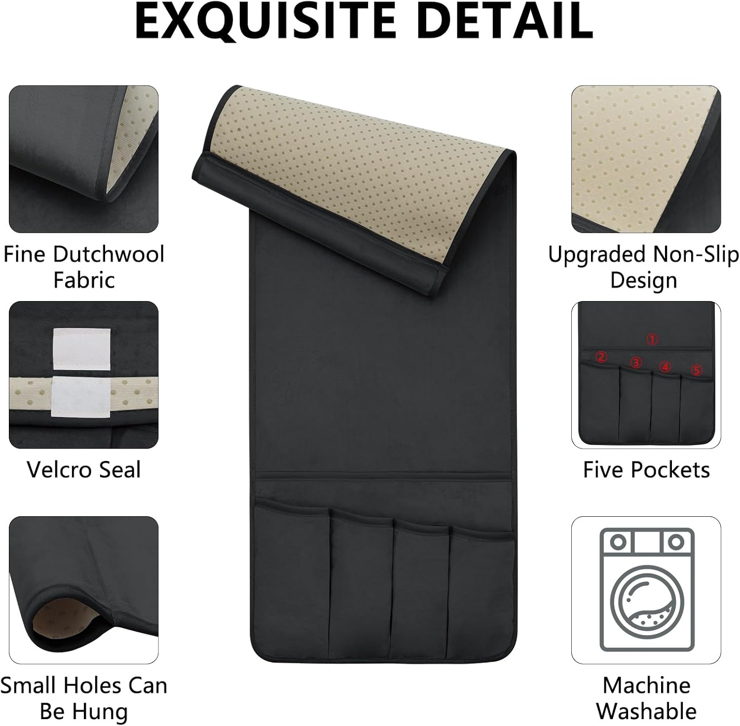 TV Remote Control Holder Couch Caddy, Non-slip Bedside Caddy Organizer with 5 Pockets for Key Glasses Phone Magazine Holders (Black, 35"x12.4")