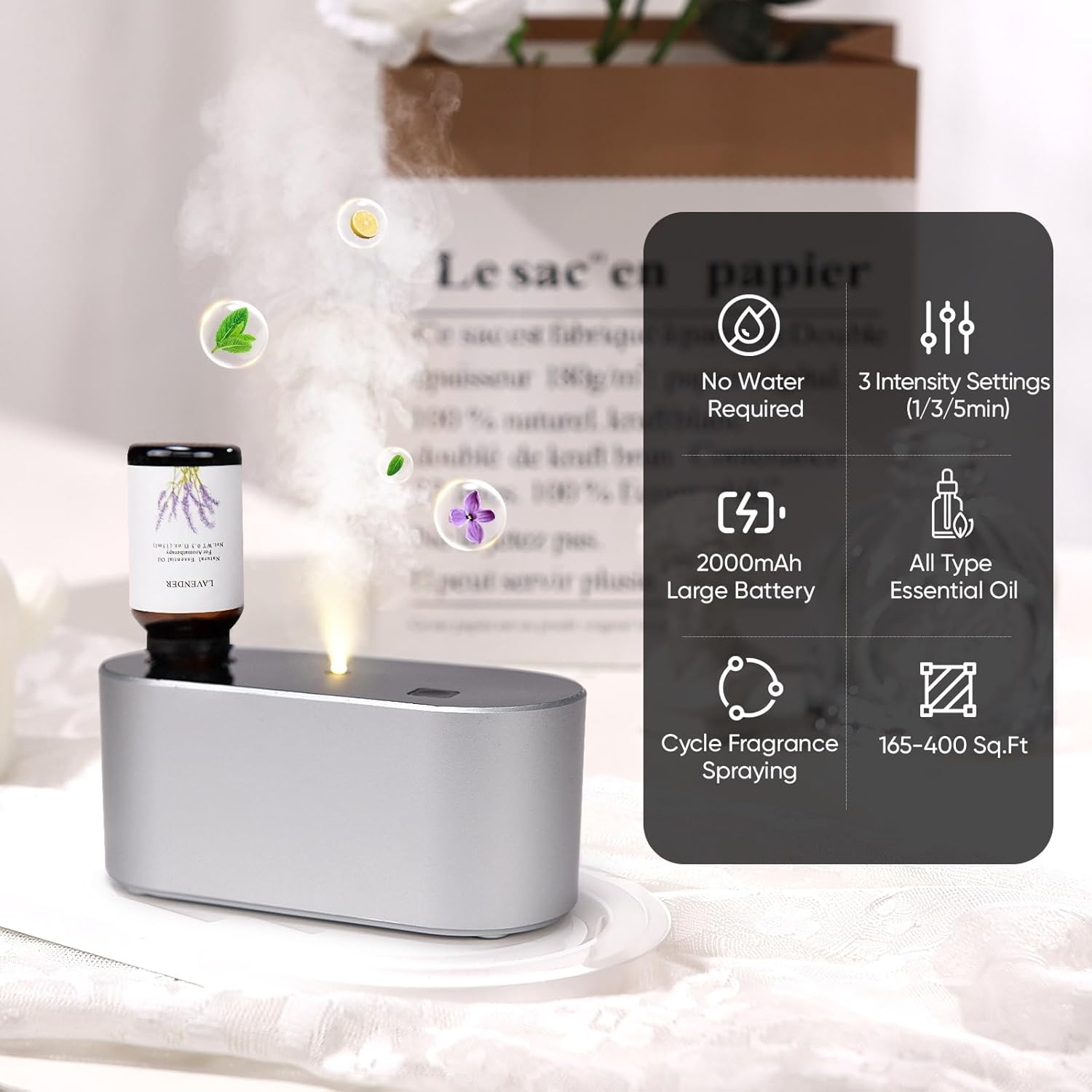 Waterless Diffuser for Essential Oil, Battery Operated Scent Air Aromatherapy Diffuser, Mini Aroma Diffusers with 3 Intermittent Mist Modes, Cycle Start for Home Office Bedroom - Silver