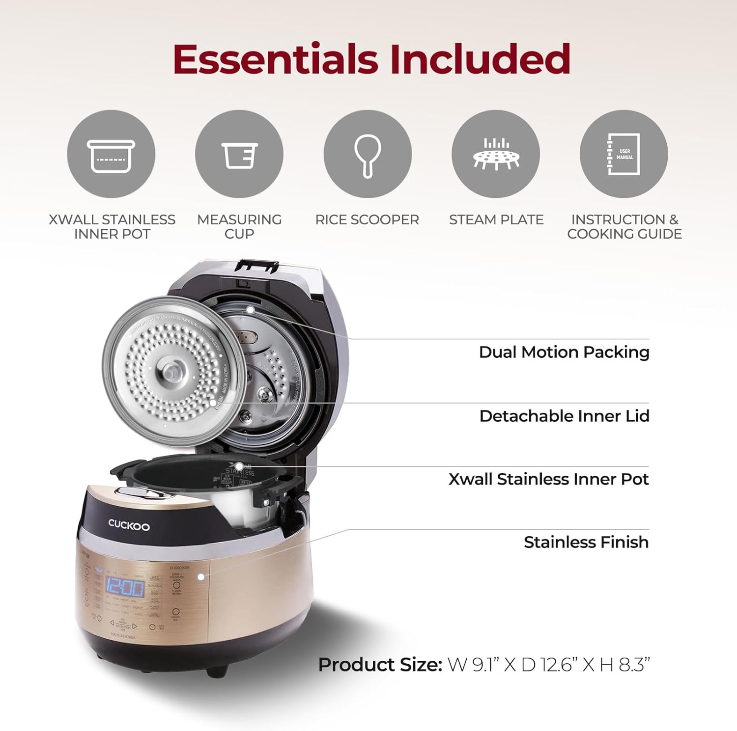 CUCKOO High Pressure Rice Cooker 3-Cup Uncooked / 6-Cup Cooked with Induction Heating Technology, Small Rice Maker with 16 Menu Options and Steam Plate, Voice Guide, Gold (CRP-EHSS0309F)