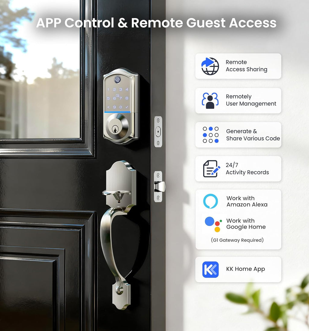 Veise VE017-H Fingerprint Smart Front Door Lock Set, App Control, Keyless Entry Deadbolt with Handle, Smart Deadbolt, Emergency Power Port, Touchscreen Keypad, Auto Lock, Easy Install, Satin Nickel