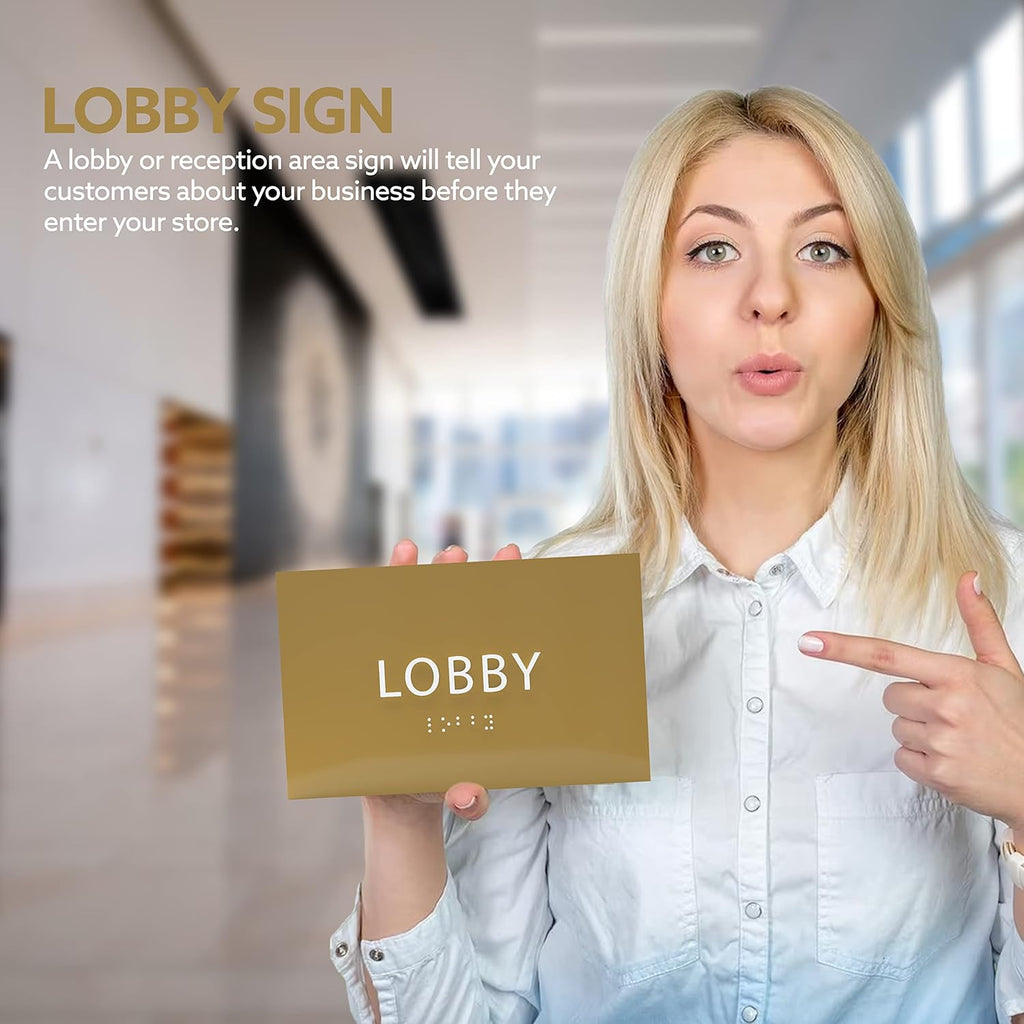 6" X4" Lobby Sign - Tactile Graphics Grade 2 Braille Text Reception Area Sign| Utility ADA Compliant Wall Mount Plastic Signs For Hospital, Offices, Businesses & Apartments