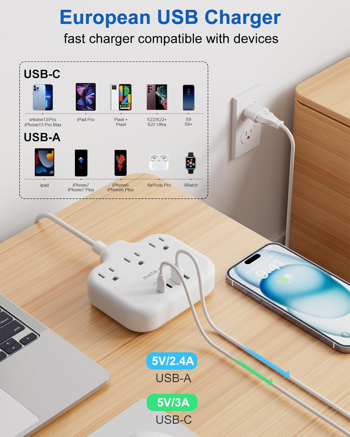European Travel Plug Adapter, International Power Adapter, US to UK Europe Power Strip for EU/UK/US with 3 AC Outlets & 4 USB(2 USBC), 5ft Extension Cord, Type C for EU UK Europe Germany France, White