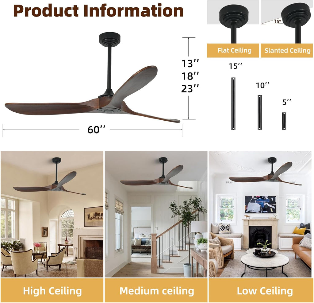 Outdoor Ceiling Fan Without Light, 60 Inch Smart Ceiling Fan with Remote & Voice Control for Alexa/Google, 3-Blade Wood Fan, Quiet DC Motor, 6 Speeds for Patio, Porch, Farmhouse, Dark Walnut