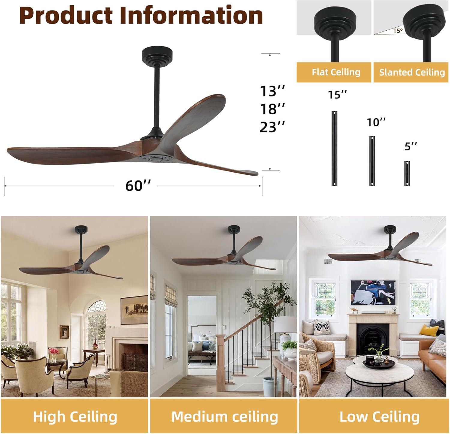 Outdoor Ceiling Fan Without Light, 60 Inch Smart Ceiling Fan with Remote & Voice Control for Alexa/Google, 3-Blade Wood Fan, Quiet DC Motor, 6 Speeds for Patio, Porch, Farmhouse, Dark Walnut