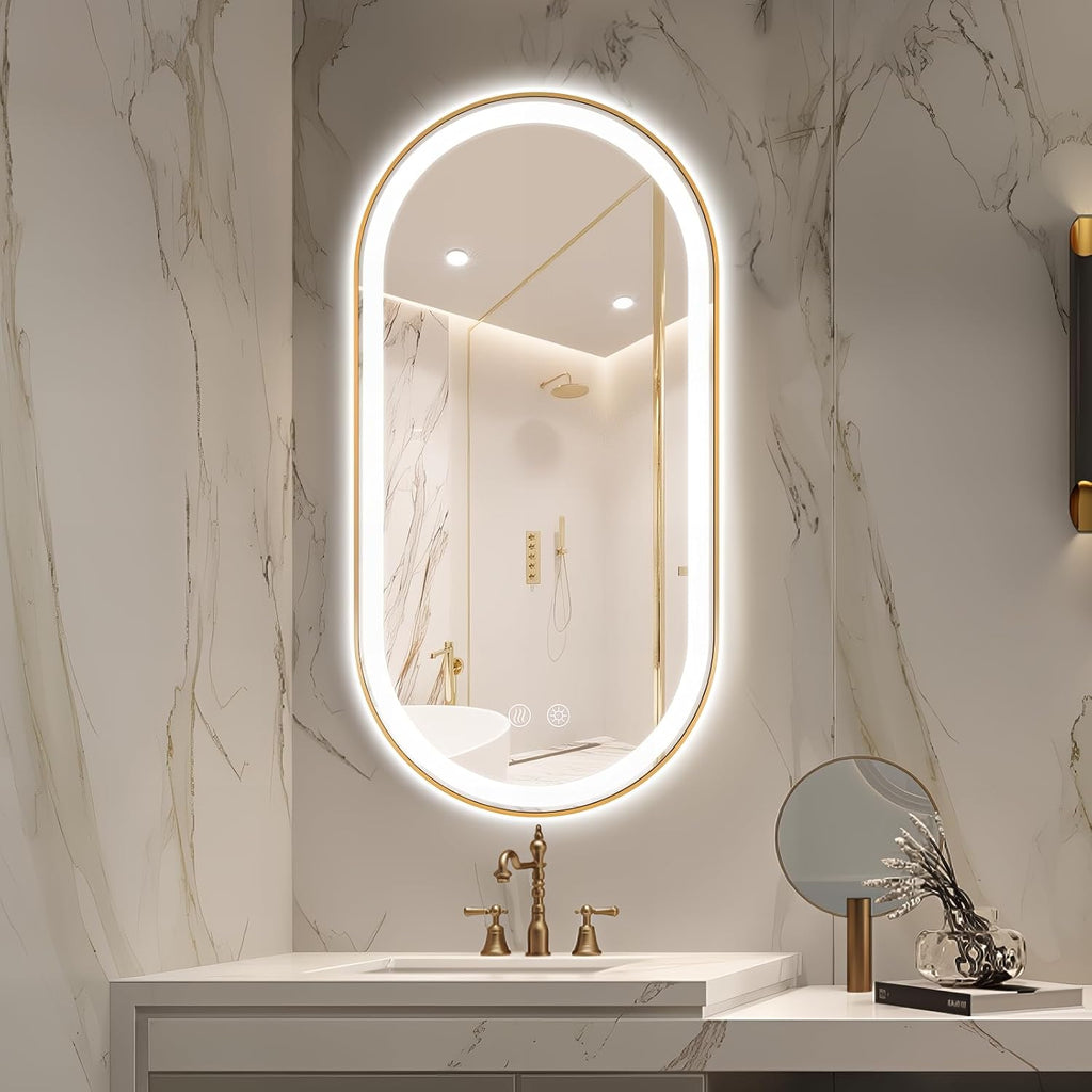 Niccy Oval LED Mirror for Bathroom, 48x24 Front Lit + Backlit Vanity Mirror with Light Anti-Fog, Shatter-Proof, 3 Colors, Makeup Mirrors with Gold Frame (Horizontal/Vertical)