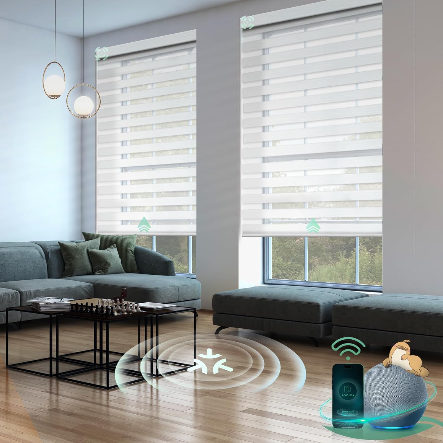 Yoolax Motorized Matter Zebra Blinds Compatible with Alexa, Google Home, Apple HomeKit, Light Filtering Dual Layer Sheer Blinds, Privacy Light Control Horizontal Window Blind (75% Layer White)