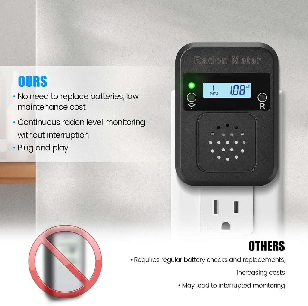 WiFi Home Radon Detector, Portable Radon Meter with Real-Time Short & Long-Term Monitoring, Plug-in Design, Instant Alerts & App Control, 2.4 & 5GHz Dual-Band WiFi Compatible