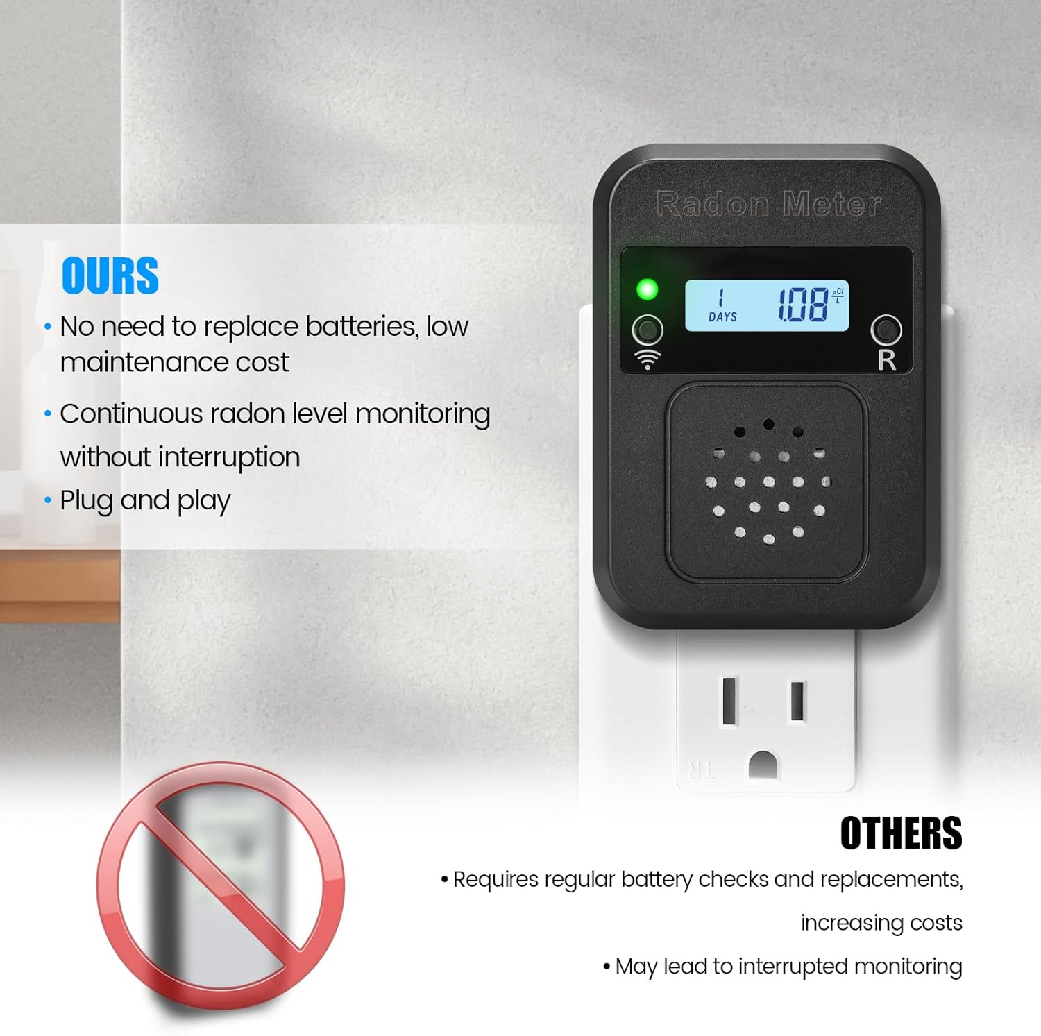 WiFi Home Radon Detector, Portable Radon Meter with Real-Time Short & Long-Term Monitoring, Plug-in Design, Instant Alerts & App Control, 2.4 & 5GHz Dual-Band WiFi Compatible