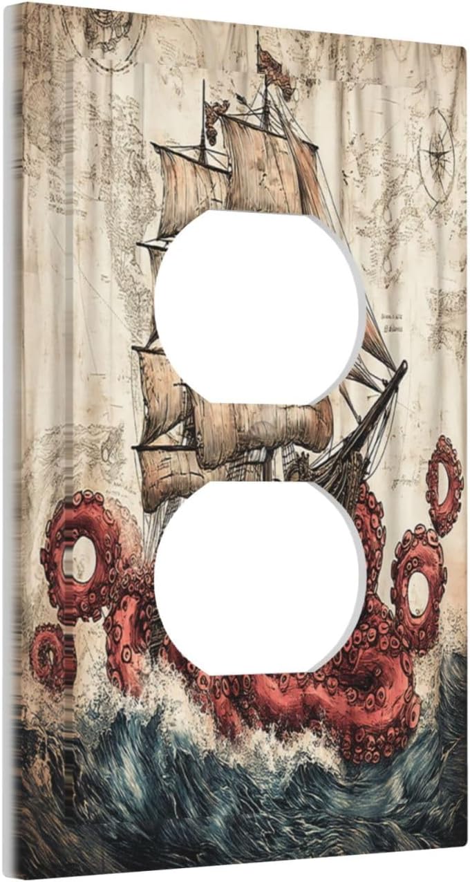 Outlet Covers Vintage Octopus Ocean Sailboat Bizarre Adventure 1 Gang Duplex Electrical Receptacle Faceplate Light Switch Cover Wall Plate Decorative Switch Plates for Bathroom Kids room Decor