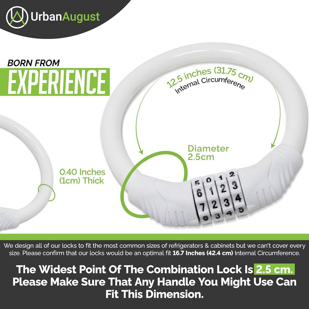 Urban August Original Fridge Lock: Multi-Functional Cable Combination Lock, for French-Door Refrigerators and Cabinets (Small, White - Two Pack)