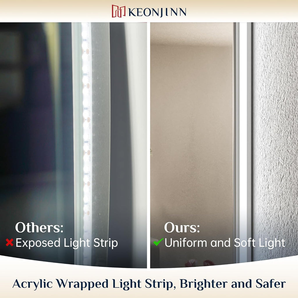 Keonjinn 24 x 40 Inch LED Bathroom Mirror with Backlit, Anti-Fog Vanity Mirror with CRI90+ HD Tempered Glass, Stepless Dimmable, High Lumen, UL Listed, Waterproof, Horizontal/Vertical