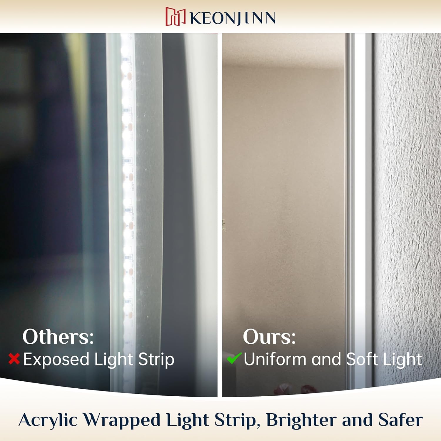 Keonjinn 55 x 36 Inch LED Bathroom Mirror with Backlit, Anti-Fog Vanity Mirror, CRI90+ HD Tempered Glass, Stepless Dimmable, High Lumen, UL Listed, IP44 Waterproof, Horizontal/Vertical