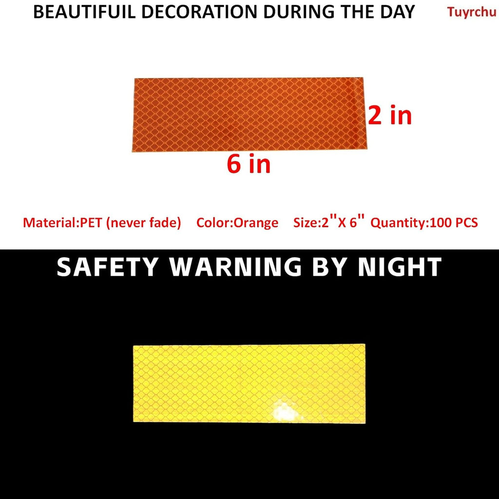 Non Fading Orange Reflective Stickers 2 inch X 6 inch, Outdoor Waterproof High Visibility Warning Safety Adhesive Reflector Tape (100 Pcs)