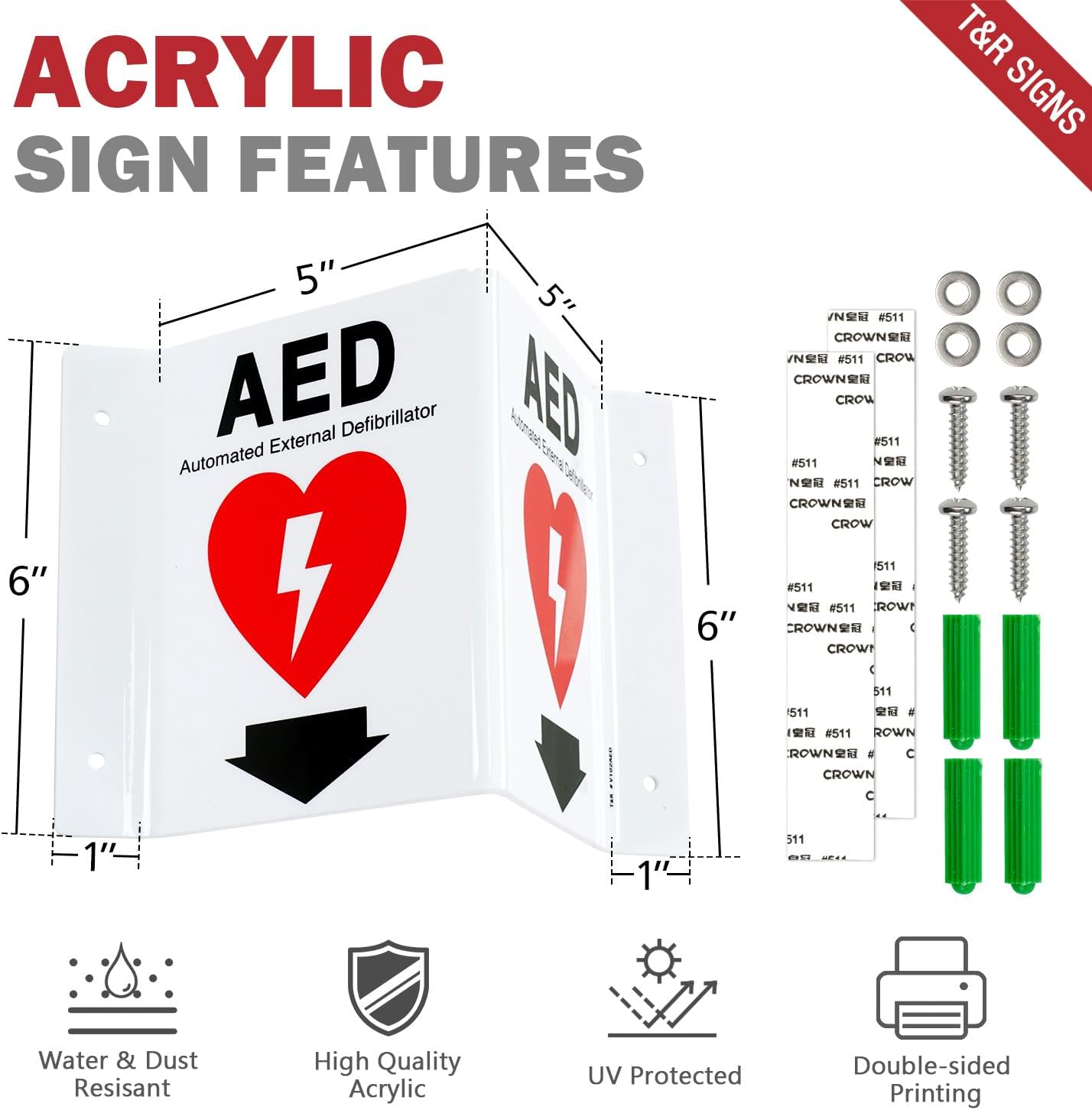T&R AED Sign, Automated External Defibrillator with Down Arrow - 4 Pack - 8 x 6 Inches Acrylic, 4 pre-drilled holes, Includes Matching Screws, Use for Office/Business