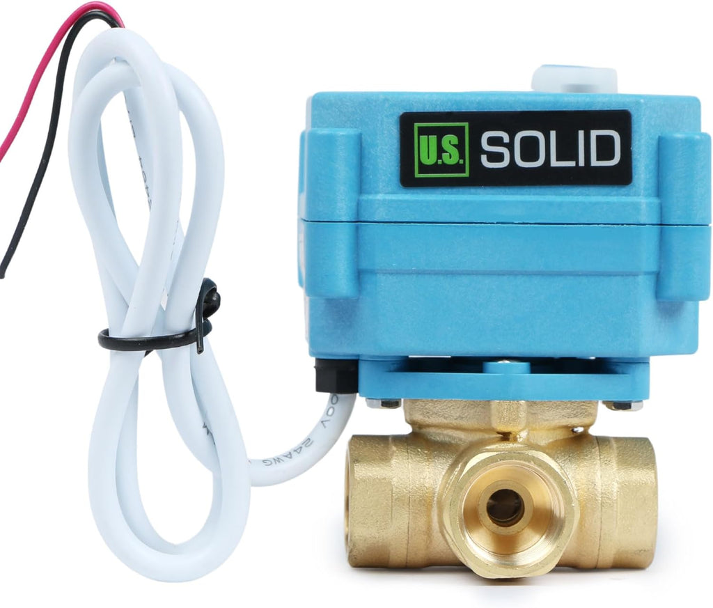 U.S. Solid 3/8" 3 Way Brass Motorized Ball Valve 110-230VAC, L Type Water Shutoff Valve with Manual Function, Standard Port, NOT for Drinking Water