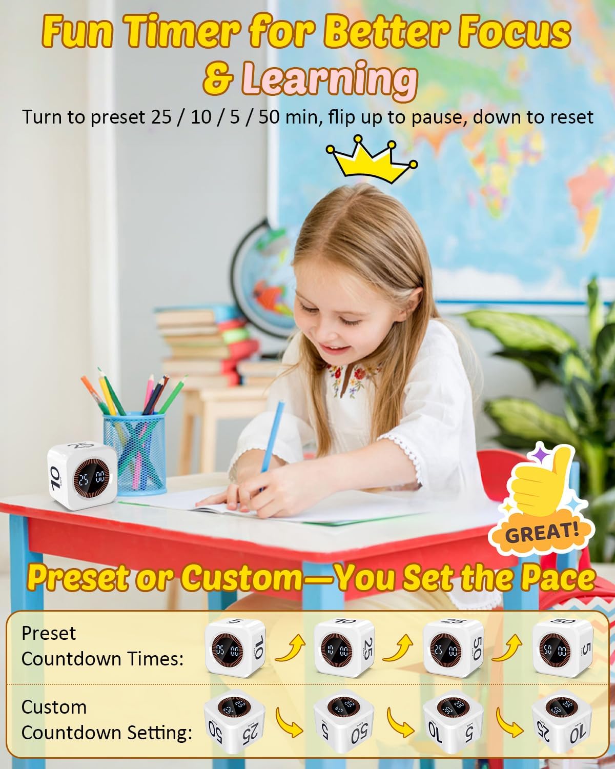Pomodoro Timer Cube Visual Productivity Flip Timer for Kids Classroom Desk, 5/10/25/50min&Custom Countdown, Silent&Sound Mode Digital Cube for ADHD Study Work School Game Kitchen (White)