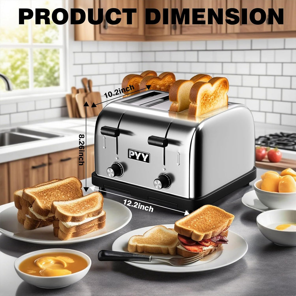 PYY Commercial Toaster 4 Slice for Restaurant - Wide Slots 1.57 inch Stainless Steel 6-Level Setting, with Removable Crumb Tray, 225 Slices/Hour 1800W - Bread, Bagels, Breakfast, Toast