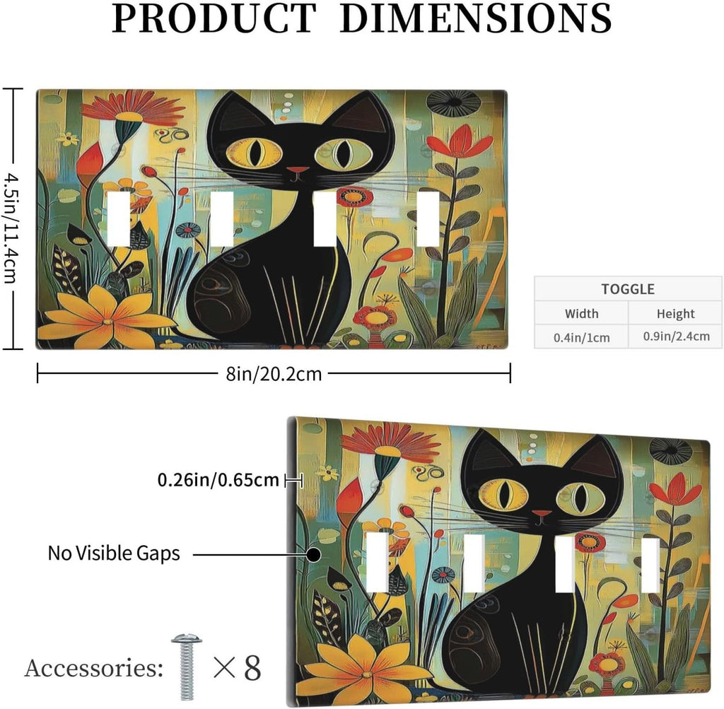 Funny Cat Retro Abstract Flowers Kitten Light Switch Covers Quad Toggle Electrical Faceplate 4 Gang Wall Plate Decorative Switch Plates For Kids Room Bed Room Decor