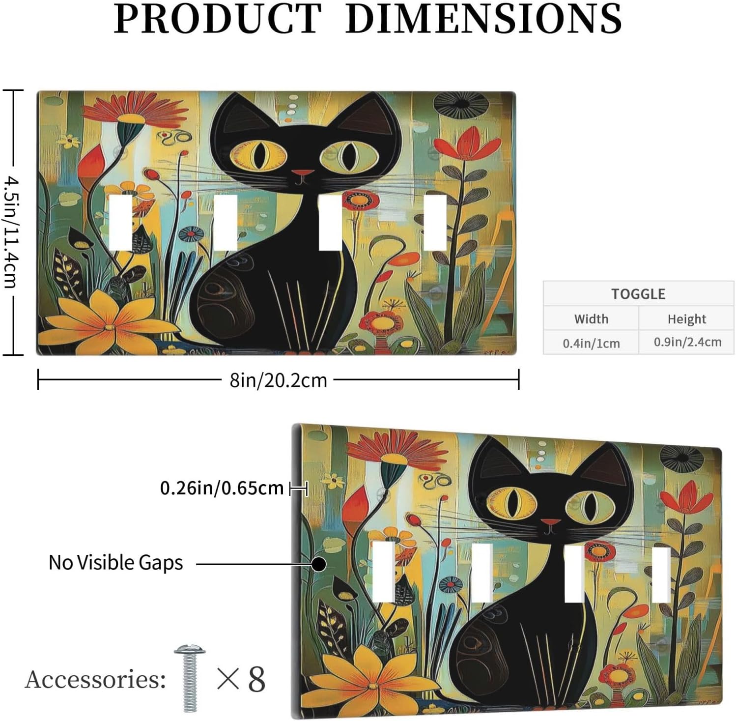 Funny Cat Retro Abstract Flowers Kitten Light Switch Covers Quad Toggle Electrical Faceplate 4 Gang Wall Plate Decorative Switch Plates For Kids Room Bed Room Decor