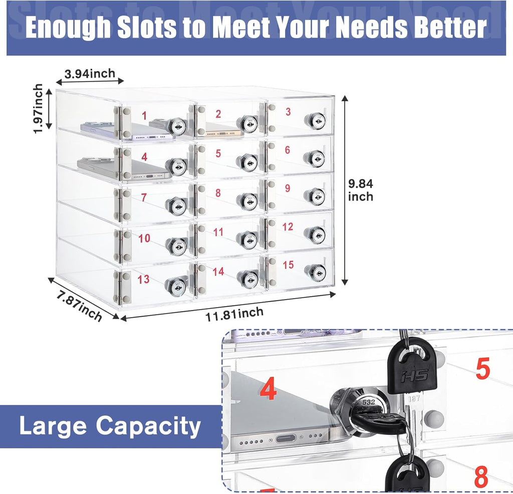 Layhit 15 Slots Cell Phone Locker Box for Classroom Clear Acrylic Cell Phone Storage Cabinet Bin with Door Locks for Classroom School Students Office Factory Employees