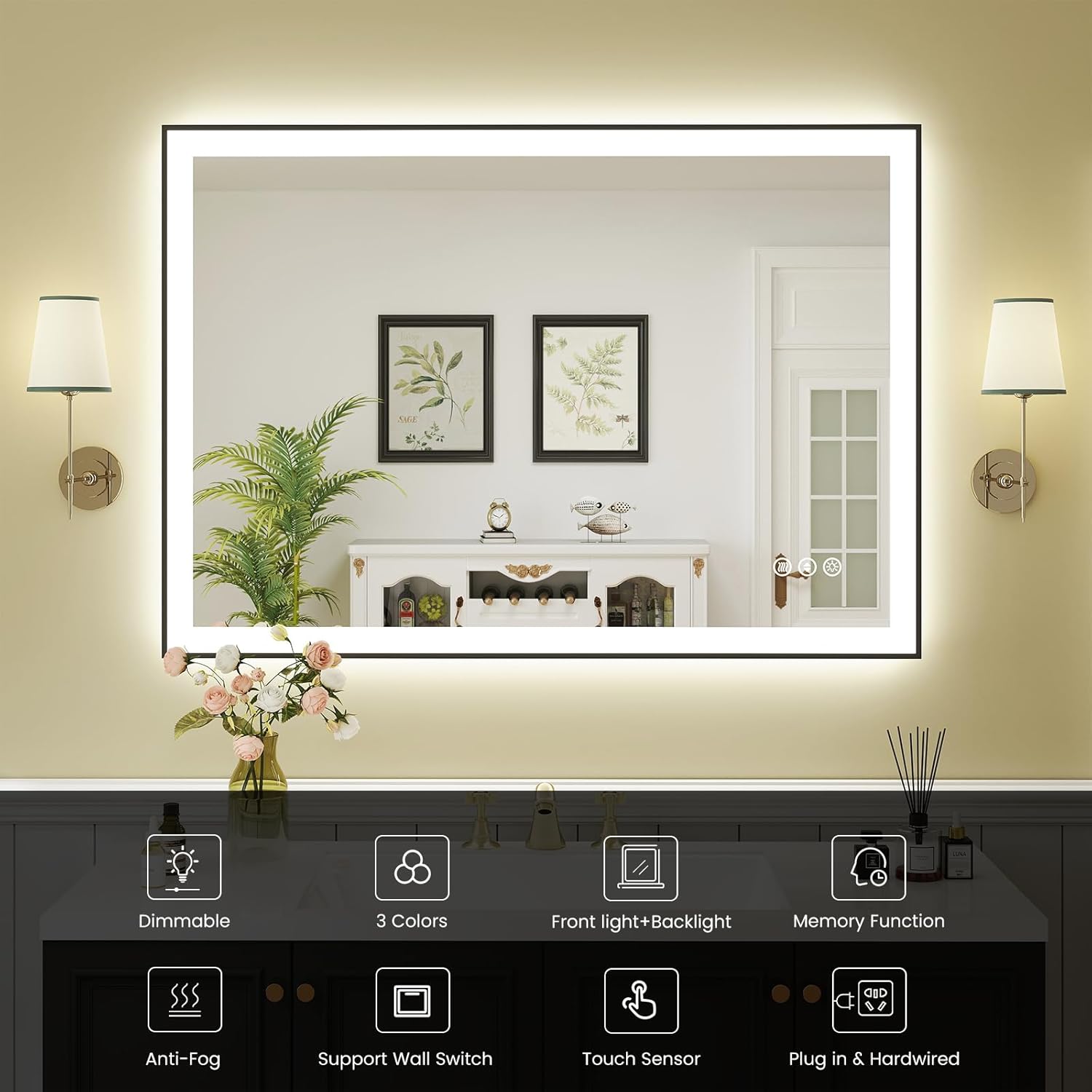 WTTY 40"X30" LED Bathroom Mirror with Black Frame, Bathroom Vanity Mirror with Lights for Wall, Front Light and Backlit, Anti-Fog, Dimmable, 3 Colors, Shatterproof, Memory, Horizontal/Vertical