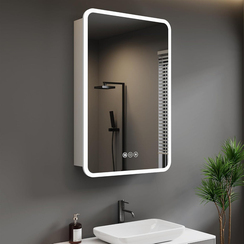Medicine Cabinet with LED Lights and Mirror, 16 x 24 Inch Surface or Recessed Mounted Bathroom Cabinet with Door, Defogger, Memory Function, 3-Color Mode, Outlet&USB, Dimmer, Storage Shelf
