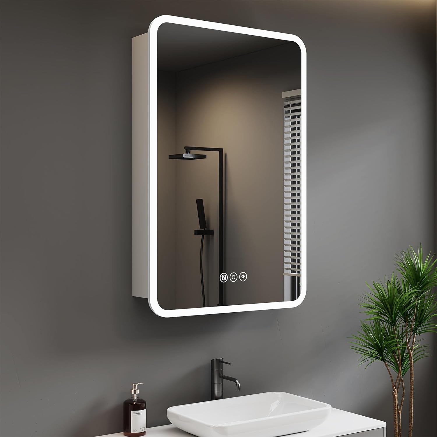 Medicine Cabinet with LED Lights and Mirror, 16 x 24 Inch Surface or Recessed Mounted Bathroom Cabinet with Door, Defogger, Memory Function, 3-Color Mode, Outlet&USB, Dimmer, Storage Shelf