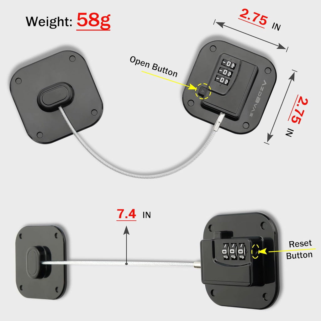 Refrigerator Lock, Heavy Duty Fridge Lock, Combination Lock for Fridge, Cabinets, Window, Drawers and Child Safety Keep Cat Away No Drilling, Easy Install, No Keys Needed, 2 Pack, Black