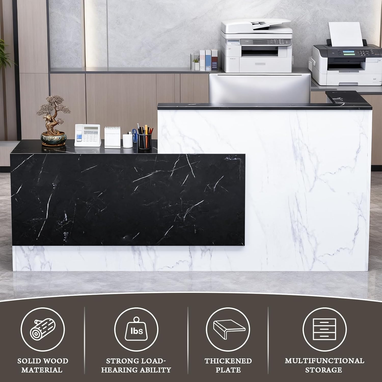 L-Shaped Modern Reception Desk with Counter & Storage - 71"/84" Large Office Front Desk, Salon Checkout Counter with Lockable Cabinets, Shelves & Drawers (Black & White, Left - 71''L x 34''W x 41''H)