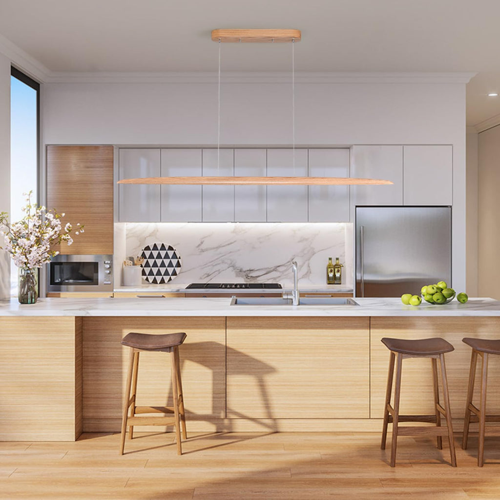 71" 40W Wood LED Linear Pendant Light Fixture Led Dining Room Light Dimmable Hanging Light Fixture for Dining Room Kitchen Island Pool Table Lights Natural Ash