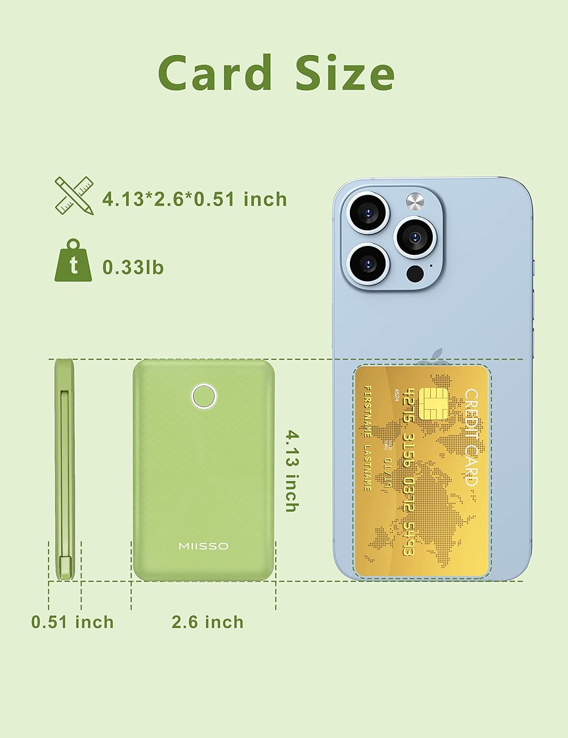 miisso 6000mah Ultra Slim Built in Cables Power Bank, Card Size Built in USB C Cords Battery Pack Portable Charger for Phones, 3 Output External Battery Pack Compatible with iPhone, Deep Green